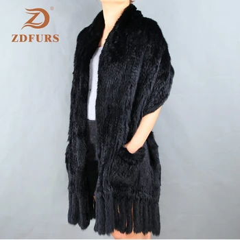 ZDFURS * luksusowe damskie autentyczne prawdziwe dziane szaliki z кроличьего futra z frędzelkami Lady pashmina okłady Jesień Zima damskie futrzane Szale