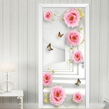Zdjęcia tapety 3D stereo przestrzeń różowe kwiaty fresk drzwi naklejka Salon Sypialnia romantyczny wystrój domu PVC plakat samoprzylepny
