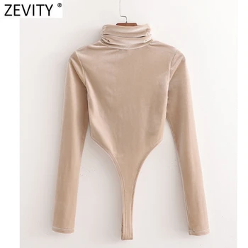Zevity New Spring Women Turtleneck Long Sleeve High Waist Velvet Slim Bodysuits Femme Solid Syjamski Chic Street Pajacyki LS7460