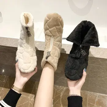 Zima 2020 buty damskie sztuczne krótkie pluszowe rakiety śnieżne z płaskim dnem норковые buty damskie zimowe норковые włosy mięciutkie górne bawełniane buty