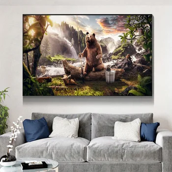 Zwierzęta krajobraz ścienne obrazy niedźwiedź Wędkarstwo płótno Malarstwo ścienne sztuka dekoracji domu drukowanie plakatów obrazy do salonu