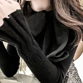 Łuk z dzianiny sweter damski Flare Solid Black z długim rękawem damski sweter 2021 Wiosna Zima biurowe dziewczyny słodkie koreański swetry