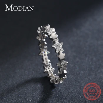 Модиан stałe 925 srebro musujące jasne CZ gwiazdy Łączonymi pierścienie dla kobiet wykwintne biżuteria prezent Walentynki