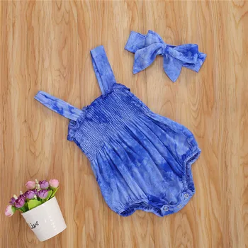 0-24M Baby Girls Bodysuit Blue Tie Dying Wzór Sling Ruffle Chest Plisowana zapięcie na guziki kombinezon dla dziewczynek Playsuit