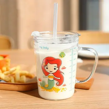 1 kpl 450 ml dla dzieci cartoon kubek mleka z słomkowy przezroczysty skalą szklany kubek dla dzieci