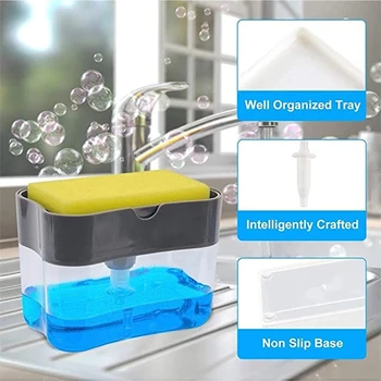 2 w 1 dozownik mydła do mycia naczyń, Gąbka skrzynia detergent szuflada do przechowywania przybory kuchenne plastikowe pudełko podwójny prasa typu mydelniczka