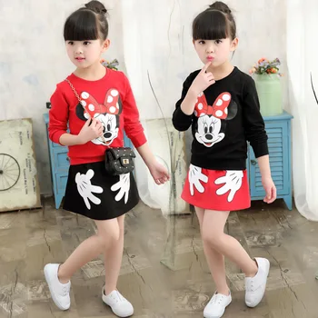 2019 Baby Girl Clothing Sets 2Pcs Sets Leisure Kids Girl Minnie Mickey koszulka z długim rękawem top+krótka sukienka odzież Dziecięca 3-9Year