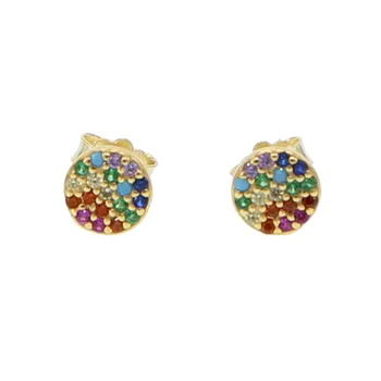 2019 Fine 925 sterling silver dainty delicate round charm small dots multi color gold round rainbow cz stud earring for women