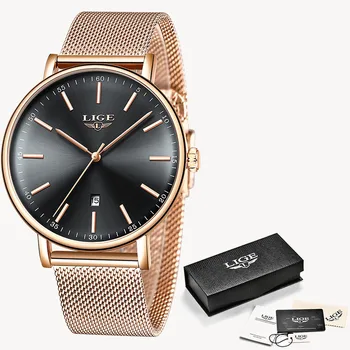 2019 LIGE New Ultra-Thin Wodoodporny Quartz Watch Rose Luxury Gold Ladies Watch Simple Fashion Casual Ladies Watch Montre Femme
