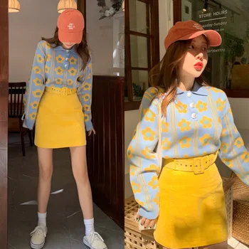 2019 Zima 2 Szt Spódnica Kostiumy Zestawy Kobiet Kwiat Sweter+ Mini Pasem Spódnica Stroje Casual Moda Koreański Słodkie Kawaii 2 Szt. Zestawów