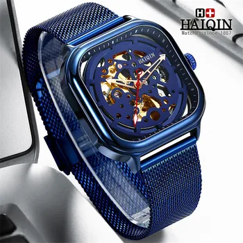 2019New HAIQIN Mesh Blue Belt mody mechaniczne męskie zegarki najlepsze marki luksusowych wodoodporne zegarki zegarek Relogio Masculino