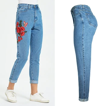 2020 DEPONY rose flower haft proste dżinsy nogi wysoka talia kobiety mama dżinsy denim vintage temat spodnie plus size