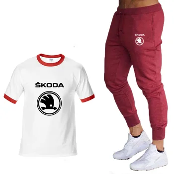 2020 Nowa moda letnie męskie koszulki Skoda Car Logo Print casual wysokiej jakości bawełniana męska koszulka+spodenki komplet 2 szt.