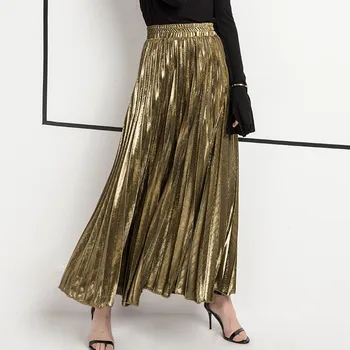2020 Wiosenna metalowa Plisowana spódnica maxi z wysokim stanem Harajuku duża huśtawka złote długie spódnice dla kobiet plus rozmiar XXL Saias SK275