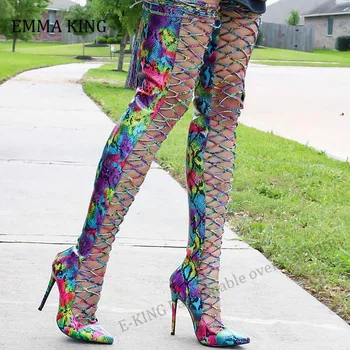 2020 kolorowy wąż kobiece biodra wysokie buty Sexy skóra węża nad kolanem Letnie buty zamek partii Damskie buty rozmiar 35-44