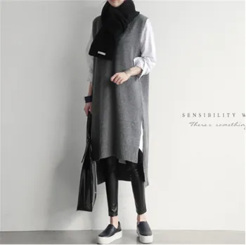 2020 koreański INS wiatr sweter kamizelka krótka z przodu i z tyłu długa kamizelka spódnica z dzianiny V-neck zagęszczony sweter średniej długości spódnica