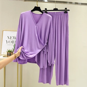 2020 modalne temat piżamy zestaw kobiet nowa jesienna koszula casual V-neck nocna odzież Damska, odzież domowa модальная bawełniana piżama strój