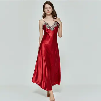 2020 nowa kobieca sukienka dla snu letnia sukienka bez rękawów z dekoltem V tkane jedwabne koronki długie nocne sukienki koszula nocna