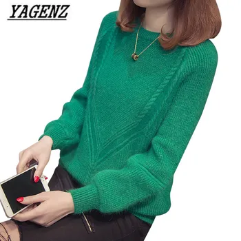 2020 nowy jesienno-zimowy damski sweter z okrągłym dekoltem, krótki sweter koreański wolny długi rękaw ciepły wełniany sweter damski jednolity casual top