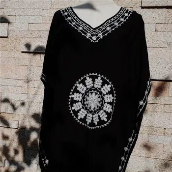 2021 Czarny Przewymiarowane V-Dekolt W Kształcie Marokańska Kaftan Strój Plażowy Plus Rozmiar Kobieta Lato Rękawy Strona Split Midi Sukienka Tunika Q643