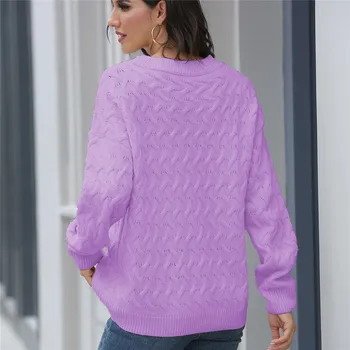 2021 Europejski i amerykański żeński fala wzór jednolity kolor okrągły dekolt sweter 1518