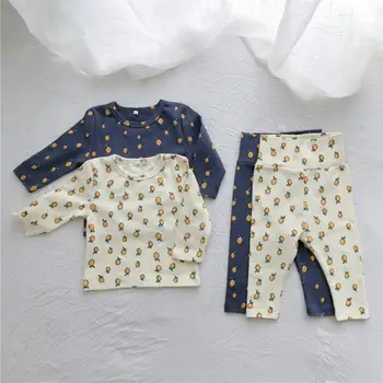 2021 Nowa Wiosna Baby Boys Girls Home Clothes Set Lemon Print Bottoming Shirt + High Waist Pants Children Casual 2 Szt. Garnitur