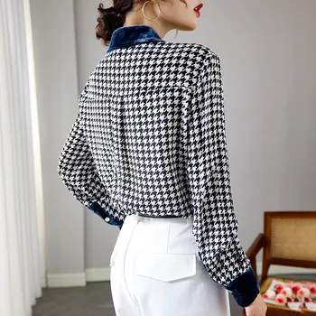 2021 Wiosna luksusowy jedwabna bluzka dla kobiet elegancki, Vintage, aksamit patchwork patchwork sukienka z nadrukiem Houndstooth codzienny Biznes biurowa koszula