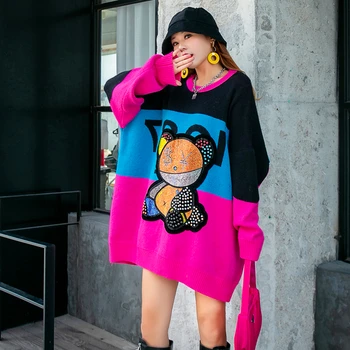 2021 Women Women Bear Printed sweater with Rhinestone Women patchwork kolorowy sweter damski zbyt duży sweter Zqy5628