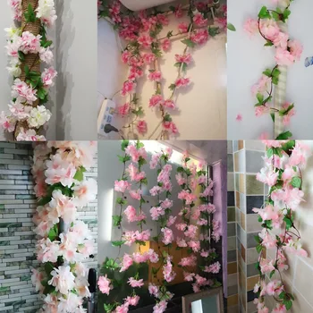 230 cm jedwab Sakura wiśniowy kolor wianek sztuczny kwiat winorośl rattan na ślub łuk urodziny wiszące dekoracje DIY wieniec