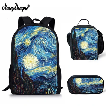 3 szt. kpl chłopcy torby szkolne dla dzieci Van Gogh słynny obraz olejny plecak dla młodzieży, kobiet Zamieniać student dziewczyny ołówek ланчбокс 2019
