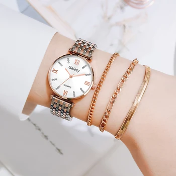 4 szt. kpl zegarek dla kobiet Kryształ Diament różowe złoto stal pasek damski zegarek bransoletka zegarek damski Relogio Feminino