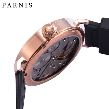 46 mm on taras Mechaniczny zegarek różowe złoto obudowa ze stali nierdzewnej czarna tarcza zegarek męski pomarańczowe cyfry naciąg ręczny zegarek męski