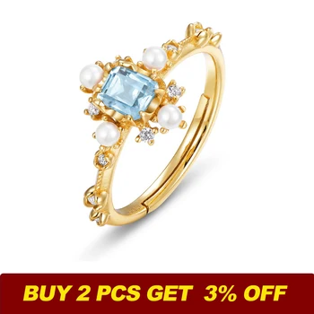 ALLNOEL stałe 925 srebrny pierścień naturalny błękitny topaz ręcznie perły Cyrkon regulowane pierścienie dla kobiet zaręczynowy