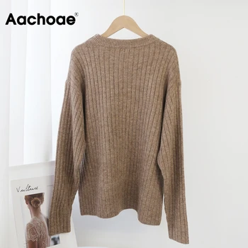 Aachoae Damski Sweter 2020 Jednolity Kolor Z Długim Rękawem Z Dzianiny Sweter Topy Jesień Zima O Neck Casual Damskie Swetry