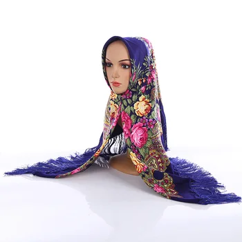 Akrylowe Muzułmańskie Chusty Rosyjski Styl Vintage Kwadrat Szalik Z Frędzlami Kwiaty Konstrukcja Osobowości Pashmina Dla Kobiet Kitki Szal