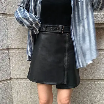 Alien Kitty elegancki Chic 2019 PU skórzany pas spódnica nieregularne czarny wysokiej jakości kobiety wysokiej talii plus mini spódniczki