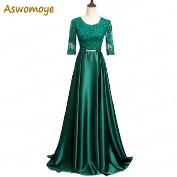 Aswomoye Half Sleeve Evening Dress 2018 Aplikacje A-Line Prom Dresses Party Dress of the day Floor Length robe de soiree