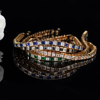 BeaQueen Dubai żółty kolor złoty kwadrat niebieski i biały cyrkonia Kryształ Tenis bransoletka biżuteria akcesoria dla kobiet B038