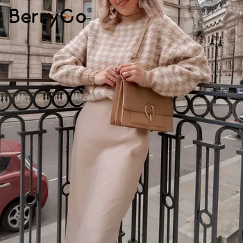 BerryGo kobiety geometryczny khaki sweter z dzianiny Kobiety Casual Houndstooth lady sweter damski jesień zima retro sweter