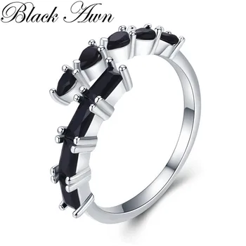 Black Awn 2020 New bijoux Trendy 925 Sterling Silver Fine Jewelry Black Spinel pierścionek zaręczynowy dla kobiet Anillos Mujer G067