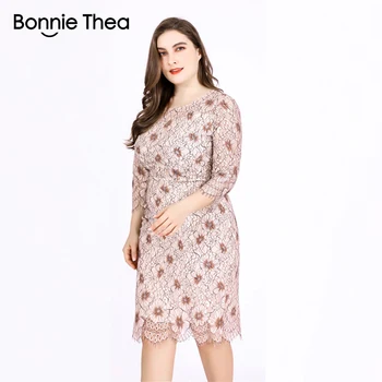 Bonnie thea Women ' s Autumn Large Size Lace Print Dress Sexy Slim Pencil Big size Party Dress