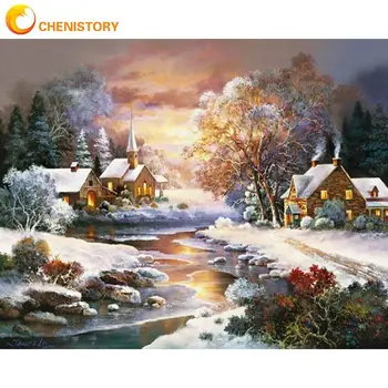 CHENISTORY Painting By Numbers Kits For Adults Christmas Sunset In Winter Landscape Oil Painting DIY Frame Drawing Artcraft Pho