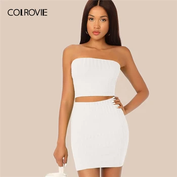 COLROVIE Solid Rib-knit Tube Crop Top and Bodycon Skirt Set Women Two Piece Set Summer Skinny Sexy 2 Piece Outfits