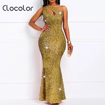 Clocolor Luxury Golden Sexy Sequins Dress Women One Shoulder Plus Size Elegant Ladies Bodycon Long Evening Party Club Dresses