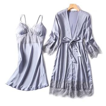 Codzienne Nocne Ubrania Koronki Sexy Kimono Sukienka Satyna Kobiety Ślubny Szlafrok Zestaw Intymne Bielizna Lato Nowa Strona Odzież Sleep Set