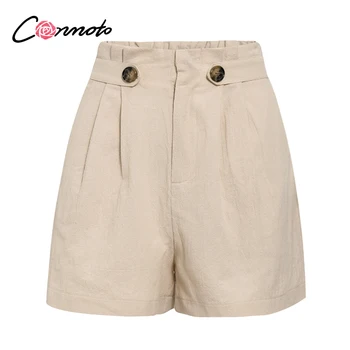 Conmoto 2020 solid summer casual shorts women high waist button green cotton szorty cool femme high fashion szorty bottom
