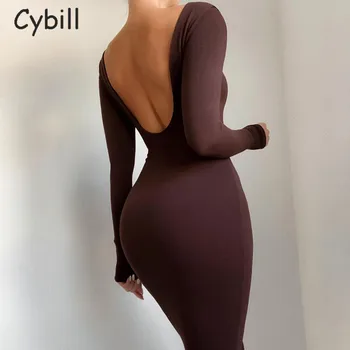 Cybill O Szyi Backless Midi Bodycon Dress 2020 Jesień Elastyczny Z Długim Rękawem Czarna Sukienka Zima Białe Sukienki Kobiety