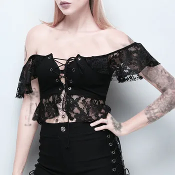 Czarna gotycka estetyczna koszulka Damska koronka kwadratowa koszula z krótkim rękawem odzież Street Slim Y2K Dark Academia Style Mall Goth Top Tee
