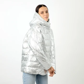 Damska dół zbiórki kurtka parka damska zimowa bawełniana pikowana kurtka z kapturem srebrny kosmiczny metaliczny połysk krótki odzież damska 18-934