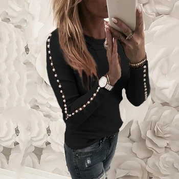 Damski sweter 2020 Top Features Wild Beaded Hollow Tight Top Elegant Pearl Nail Bead Long Sleeve Knit O Neck Hollow Tops
